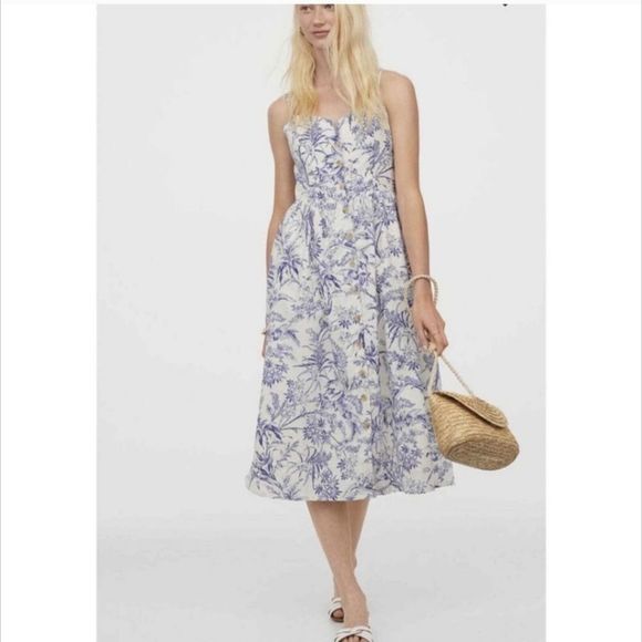 H&M White & Blue Floral Linen Blend Dress. Smocked back. Midi length. Med  EUC - Picture 3 of 9